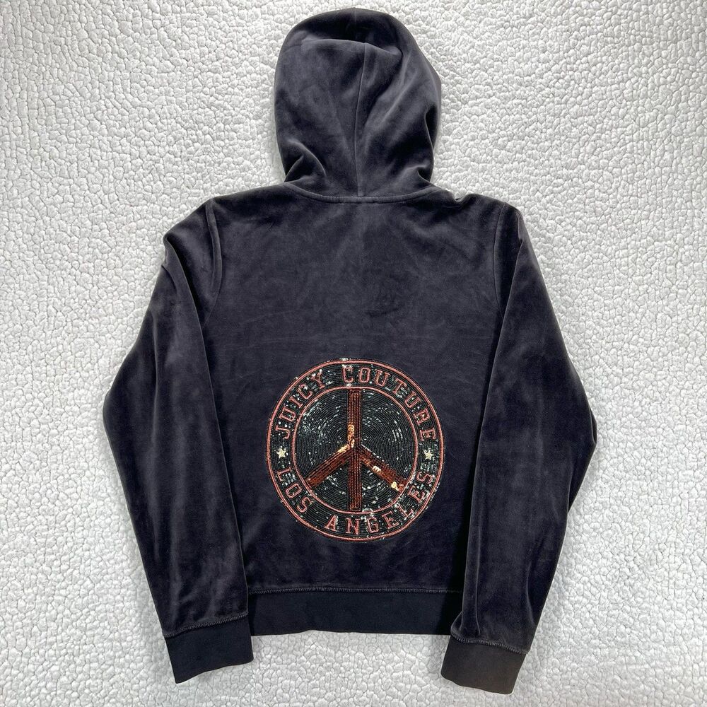 Juicy Couture Black Label Velour Zip Hoodie‎ L Sequin Peace Logo Y2K Streetwear